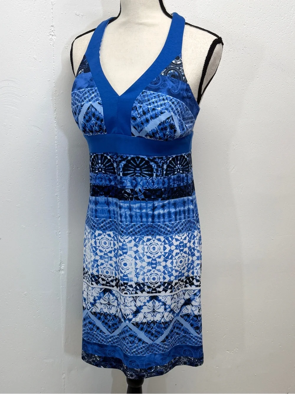 Blue Patterned V-Neck One-Piece Swim Dress - Picture 5 of 15